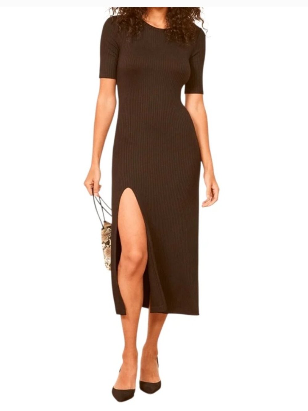 Reformation Olympia Short Sleeve Ribbed Midi Dress with Slit, Black, size S